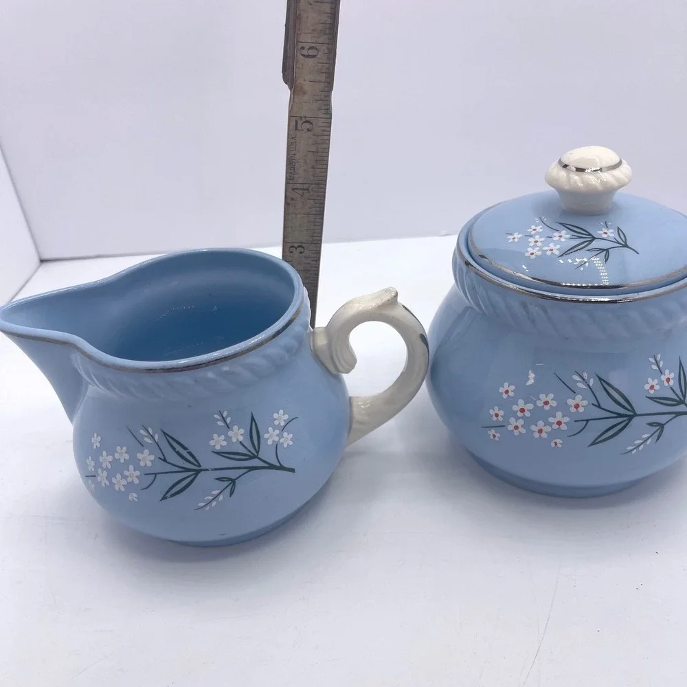 Vintage Kraft Blue Home &‎ Garden Sugar Bowl Creamer Set Floral Daisy Made USA